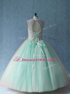 Scoop Sleeveless Tulle Quince Ball Gowns Beading Lace Up