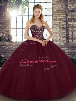 Floor Length Lace Up Sweet 16 Quinceanera Dress Burgundy for Military Ball and Sweet 16 and Quinceanera with Beading