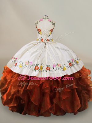 Latest Rust Red Ball Gowns Halter Top Sleeveless Organza Floor Length Lace Up Embroidery and Ruffles 15th Birthday Dress