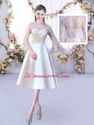 Fine 3 4 Length Sleeve Lace Up Tea Length Lace and Belt Bridesmaids Dress