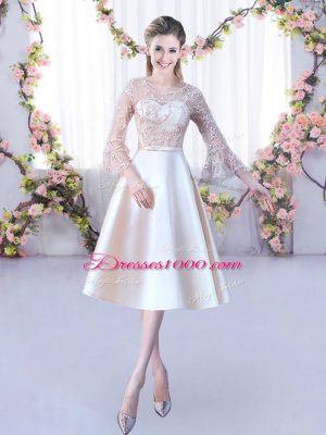 Fine 3 4 Length Sleeve Lace Up Tea Length Lace and Belt Bridesmaids Dress