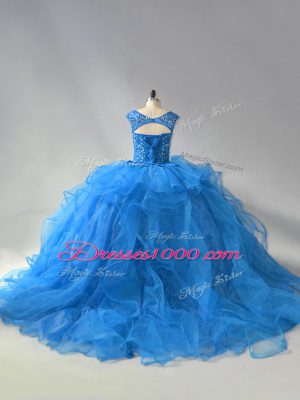 Beading and Ruffles Sweet 16 Quinceanera Dress Blue Lace Up Sleeveless Brush Train