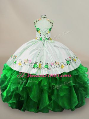 Floor Length Green Ball Gown Prom Dress Halter Top Sleeveless Lace Up