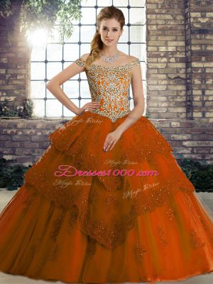 Free and Easy Tulle Off The Shoulder Sleeveless Brush Train Lace Up Beading and Lace Ball Gown Prom Dress in Rust Red
