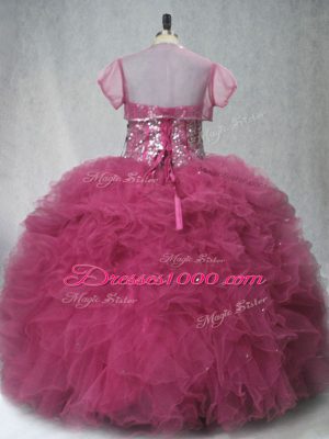 Stunning Floor Length Lace Up Ball Gown Prom Dress Coral Red for Sweet 16 and Quinceanera with Beading and Ruffles