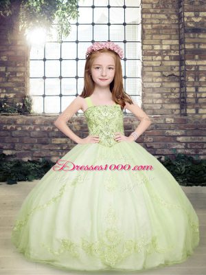 Hot Sale Floor Length Lace Up Child Pageant Dress Yellow Green for Party and Military Ball and Wedding Party with Beading