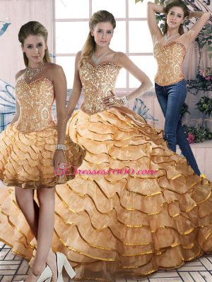 Gold Organza Lace Up Sweetheart Sleeveless Sweet 16 Quinceanera Dress Brush Train Beading and Ruffles