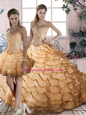 Gold Organza Lace Up Sweetheart Sleeveless Sweet 16 Quinceanera Dress Brush Train Beading and Ruffles