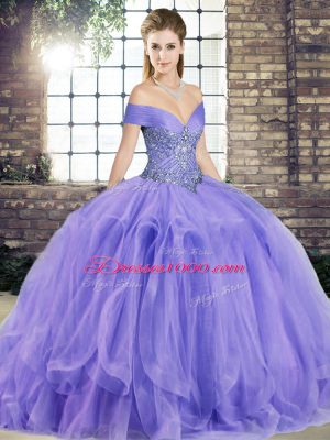 Sleeveless Tulle Floor Length Lace Up Quinceanera Dresses in Lavender with Beading and Ruffles