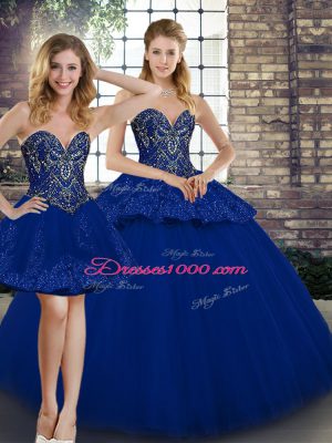 Custom Fit Royal Blue Sleeveless Beading and Appliques Floor Length Ball Gown Prom Dress