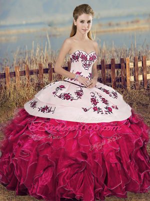 Cheap Fuchsia Ball Gowns Organza Sweetheart Sleeveless Embroidery and Ruffles and Bowknot Floor Length Lace Up Quinceanera Gown