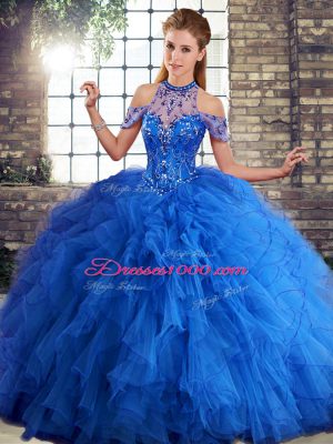 Stylish Royal Blue Tulle Lace Up Halter Top Sleeveless Floor Length Sweet 16 Dress Beading and Ruffles