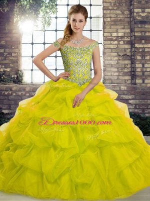 Customized Yellow Green Sleeveless Beading and Pick Ups Lace Up Sweet 16 Quinceanera Dress