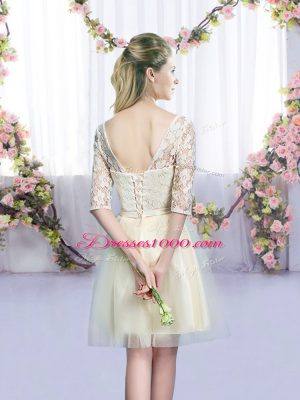 Amazing Mini Length Lace Up Bridesmaids Dress Champagne for Wedding Party with Lace and Bowknot