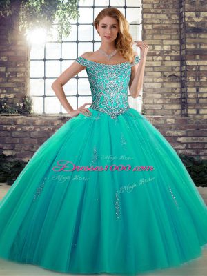 Tulle Off The Shoulder Sleeveless Lace Up Beading Sweet 16 Dresses in Turquoise