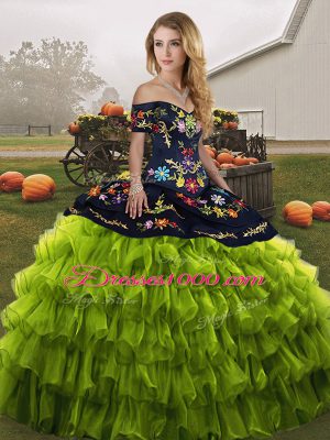 Olive Green Ball Gowns Embroidery and Ruffled Layers Sweet 16 Dress Lace Up Organza Sleeveless Floor Length