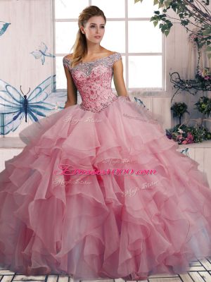 Decent Ball Gowns Ball Gown Prom Dress Watermelon Red Off The Shoulder Organza Sleeveless Floor Length Lace Up