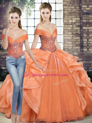 Two Pieces 15 Quinceanera Dress Orange Off The Shoulder Organza Sleeveless Floor Length Lace Up