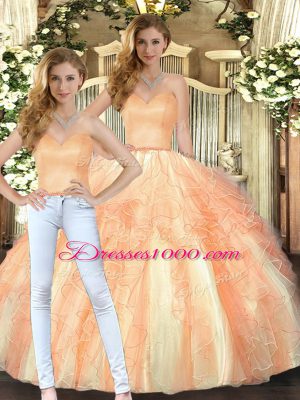 Luxurious Orange Sleeveless Floor Length Beading and Ruffles Lace Up Quinceanera Dresses