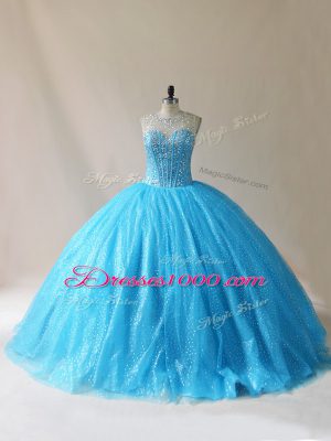 Floor Length Baby Blue Quinceanera Dress Organza Court Train Sleeveless Beading and Appliques