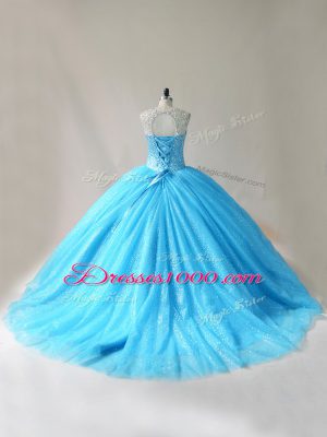 Floor Length Baby Blue Quinceanera Dress Organza Court Train Sleeveless Beading and Appliques