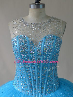 Floor Length Baby Blue Quinceanera Dress Organza Court Train Sleeveless Beading and Appliques
