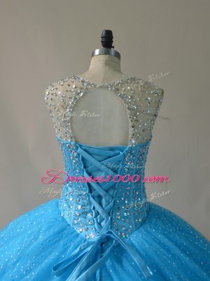 Floor Length Baby Blue Quinceanera Dress Organza Court Train Sleeveless Beading and Appliques