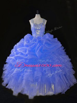 Simple Blue Ball Gowns Organza Straps Sleeveless Beading and Ruffles Floor Length Zipper Quinceanera Gowns