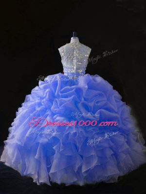 Simple Blue Ball Gowns Organza Straps Sleeveless Beading and Ruffles Floor Length Zipper Quinceanera Gowns