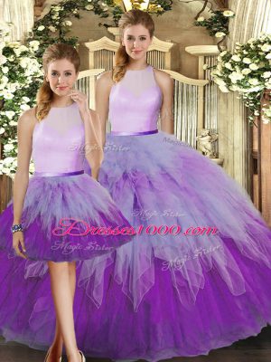 Captivating Multi-color Organza Backless High-neck Sleeveless Floor Length Sweet 16 Quinceanera Dress Ruffles