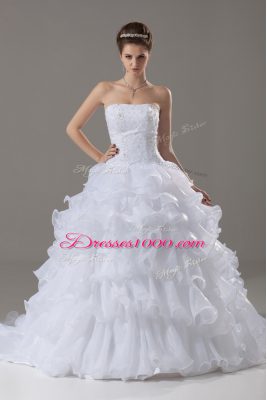 Strapless Sleeveless Brush Train Lace Up Wedding Gown White Organza