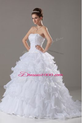 Strapless Sleeveless Brush Train Lace Up Wedding Gown White Organza