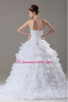 Strapless Sleeveless Brush Train Lace Up Wedding Gown White Organza