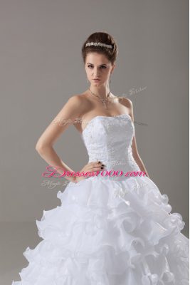 Strapless Sleeveless Brush Train Lace Up Wedding Gown White Organza