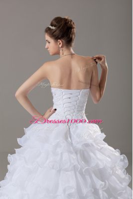 Strapless Sleeveless Brush Train Lace Up Wedding Gown White Organza
