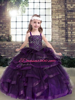 Purple Tulle Lace Up Straps Sleeveless Floor Length Little Girls Pageant Dress Wholesale Beading and Ruffles