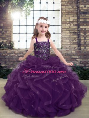Dazzling Sleeveless Tulle Floor Length Lace Up Womens Party Dresses in Purple with Beading and Ruffles