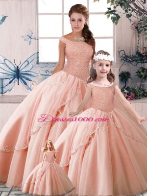 Peach 15th Birthday Dress Military Ball and Sweet 16 and Quinceanera with Beading Off The Shoulder Sleeveless Brush Train Lace Up