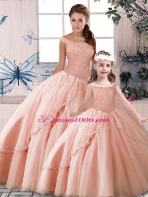 Peach 15th Birthday Dress Military Ball and Sweet 16 and Quinceanera with Beading Off The Shoulder Sleeveless Brush Train Lace Up