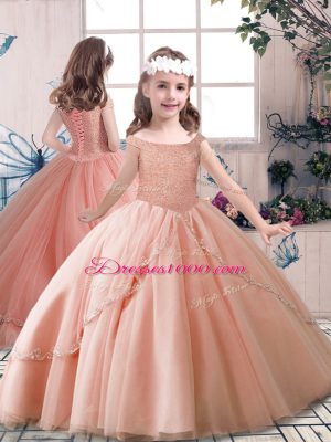 Peach 15th Birthday Dress Military Ball and Sweet 16 and Quinceanera with Beading Off The Shoulder Sleeveless Brush Train Lace Up