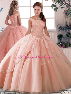 Peach 15th Birthday Dress Military Ball and Sweet 16 and Quinceanera with Beading Off The Shoulder Sleeveless Brush Train Lace Up