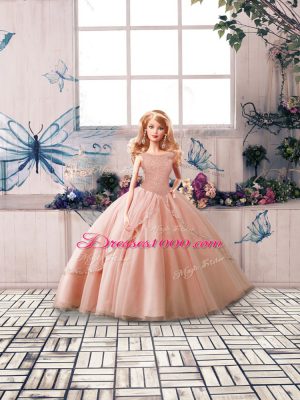 Peach 15th Birthday Dress Military Ball and Sweet 16 and Quinceanera with Beading Off The Shoulder Sleeveless Brush Train Lace Up