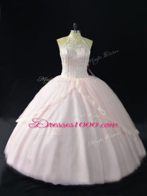 Gorgeous Halter Top Sleeveless Sweet 16 Dress Floor Length Beading and Appliques Pink Tulle