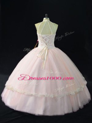 Gorgeous Halter Top Sleeveless Sweet 16 Dress Floor Length Beading and Appliques Pink Tulle