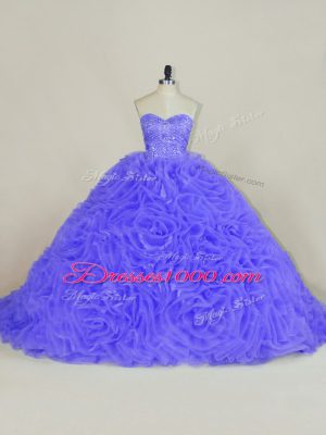 Purple Ball Gowns Sweetheart Sleeveless Organza and Fabric With Rolling Flowers Brush Train Lace Up Beading and Ruffles 15th Birthday Dress