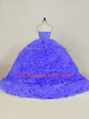 Purple Ball Gowns Sweetheart Sleeveless Organza and Fabric With Rolling Flowers Brush Train Lace Up Beading and Ruffles 15th Birthday Dress