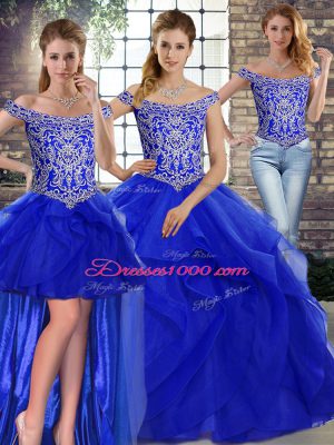 Elegant Beading and Ruffles Quince Ball Gowns Royal Blue Lace Up Sleeveless Brush Train