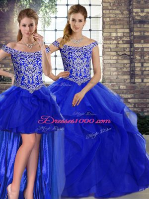 Elegant Beading and Ruffles Quince Ball Gowns Royal Blue Lace Up Sleeveless Brush Train