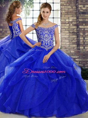 Elegant Beading and Ruffles Quince Ball Gowns Royal Blue Lace Up Sleeveless Brush Train