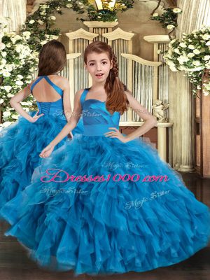 Classical Blue Straps Lace Up Ruffles Pageant Dress for Girls Sleeveless